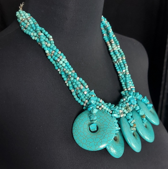 Chicos large turquoise blue silver beads chunky multi strand bib Necklace - Picture 1 of 9